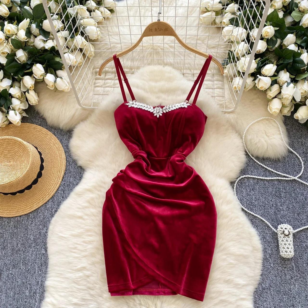 Red Velvet Dress With Pearl Strap Detailing