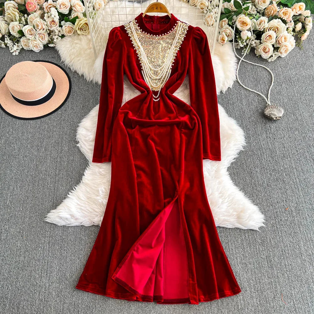 strapless open back dress Charming Long Lace Sleeves Pleated Chiffon Long Red Maxi Dress M