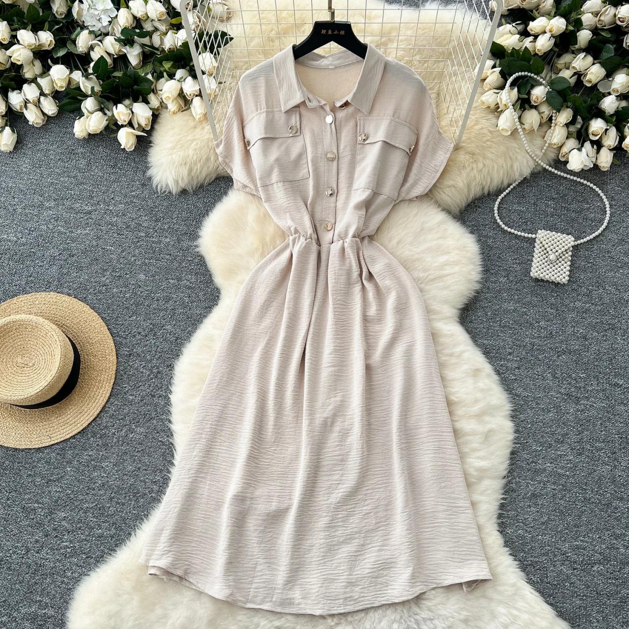 Fashion Elegant Print Buckle Strap Design Turndown Collar Waist Skirt Dresses