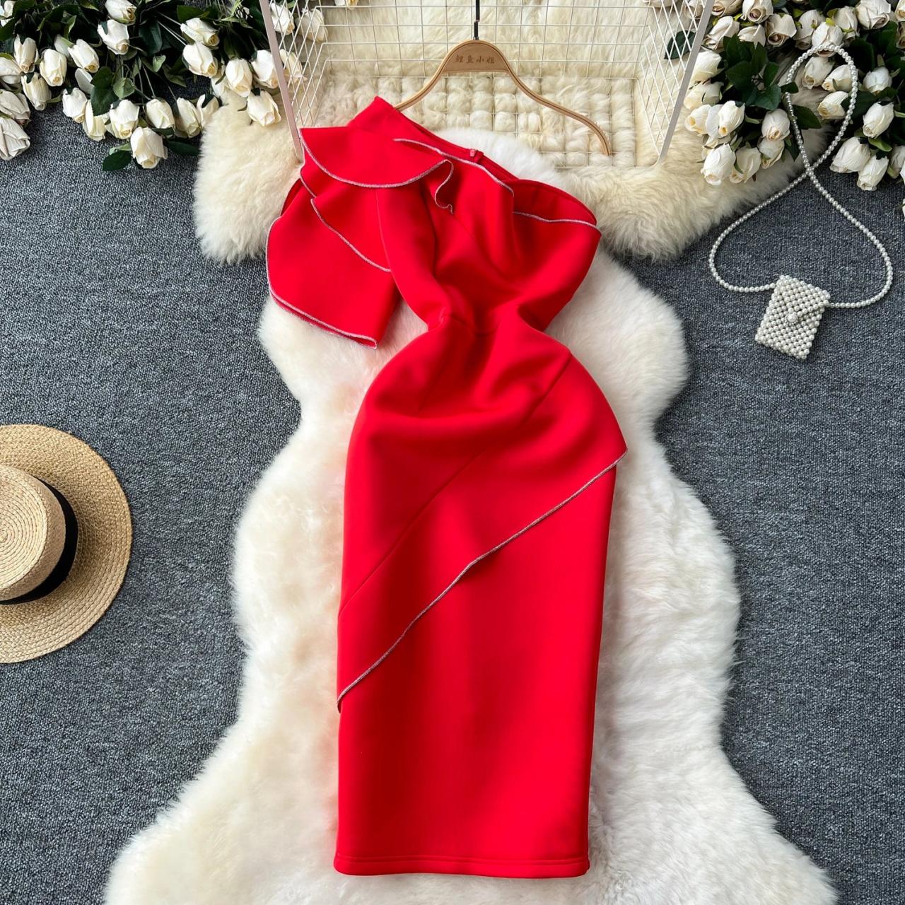 red asymmetrical ruffle dress Venus Red Asymmetric Ruffle Bottom Bandage Dress main image 1