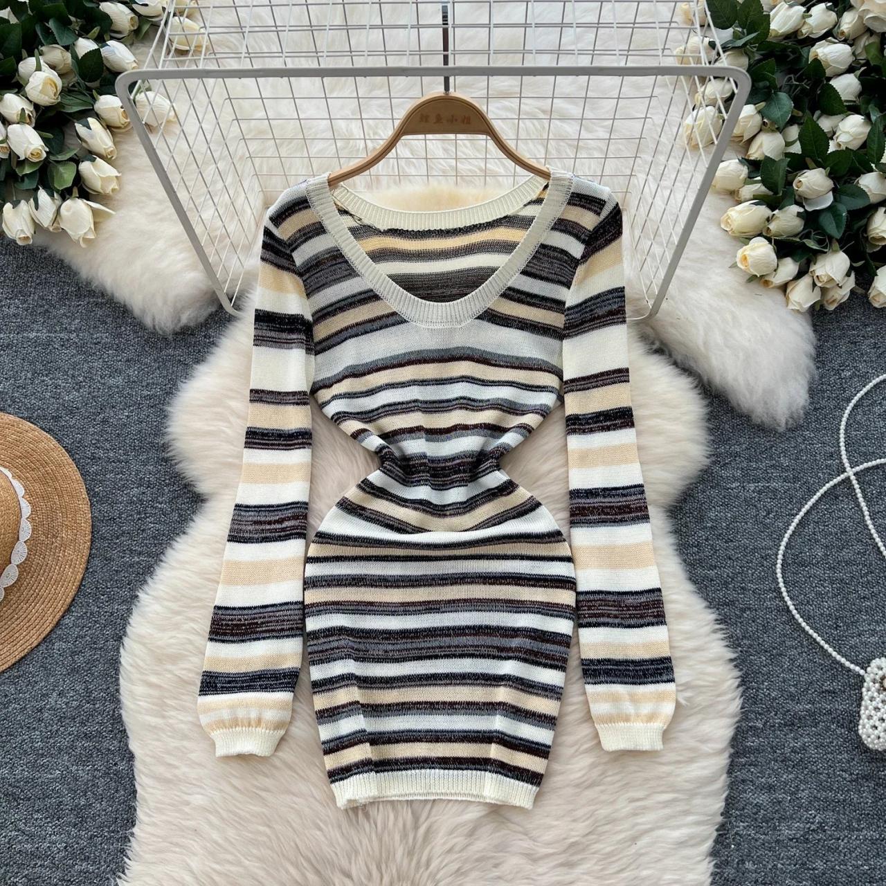 knit striped knitted bodycon dress Women Striped Knitted Dress Long Sleeve V-neck Slim Midi Ribbed Bodycon New
