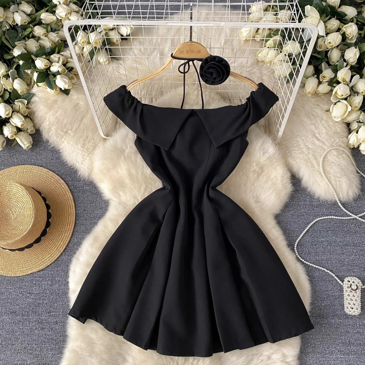 Off-shoulder Black Dress With Flared Skirt on Luulla