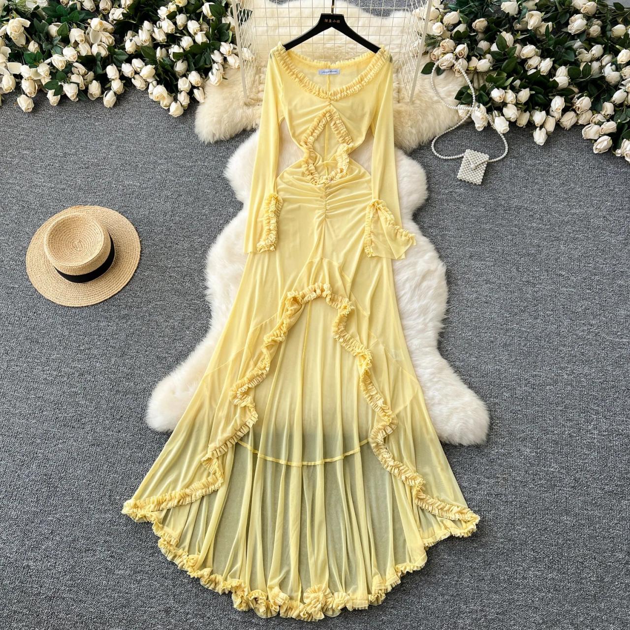 Lemon Yellow Ruffled Sheer Maxi Beach Dress