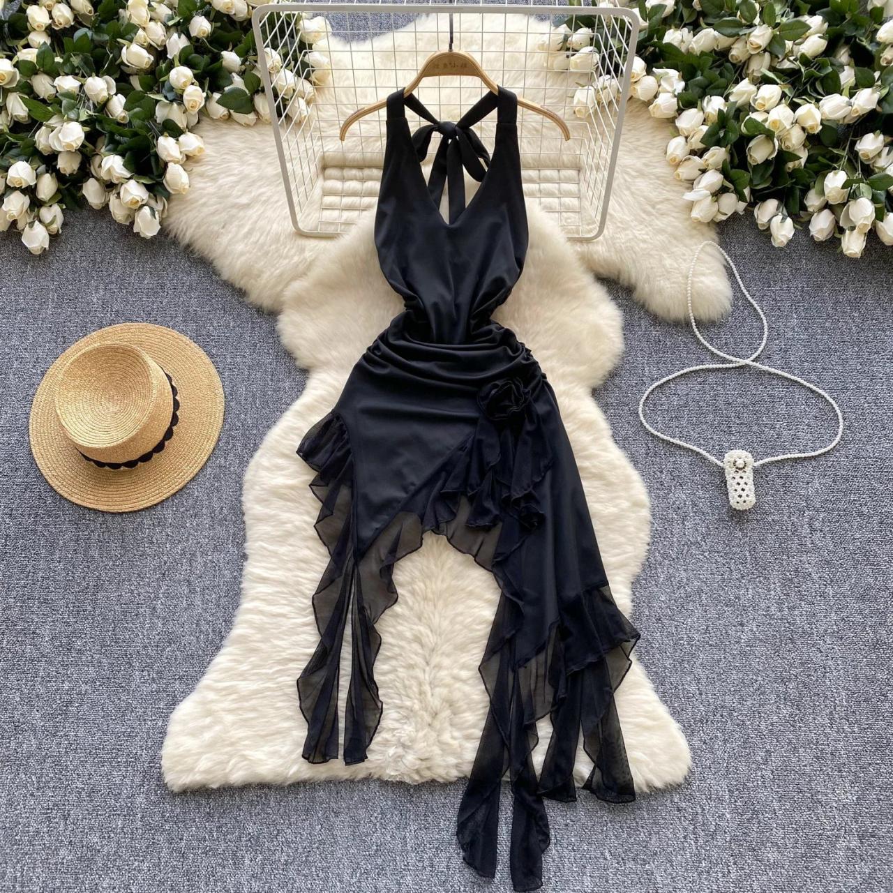 blue dress for baby girl ASHLEY ASYMMETRIC RUFFLE HALTER DRESS – RESORT-CHIC OMK BOUTIQUE main image 0