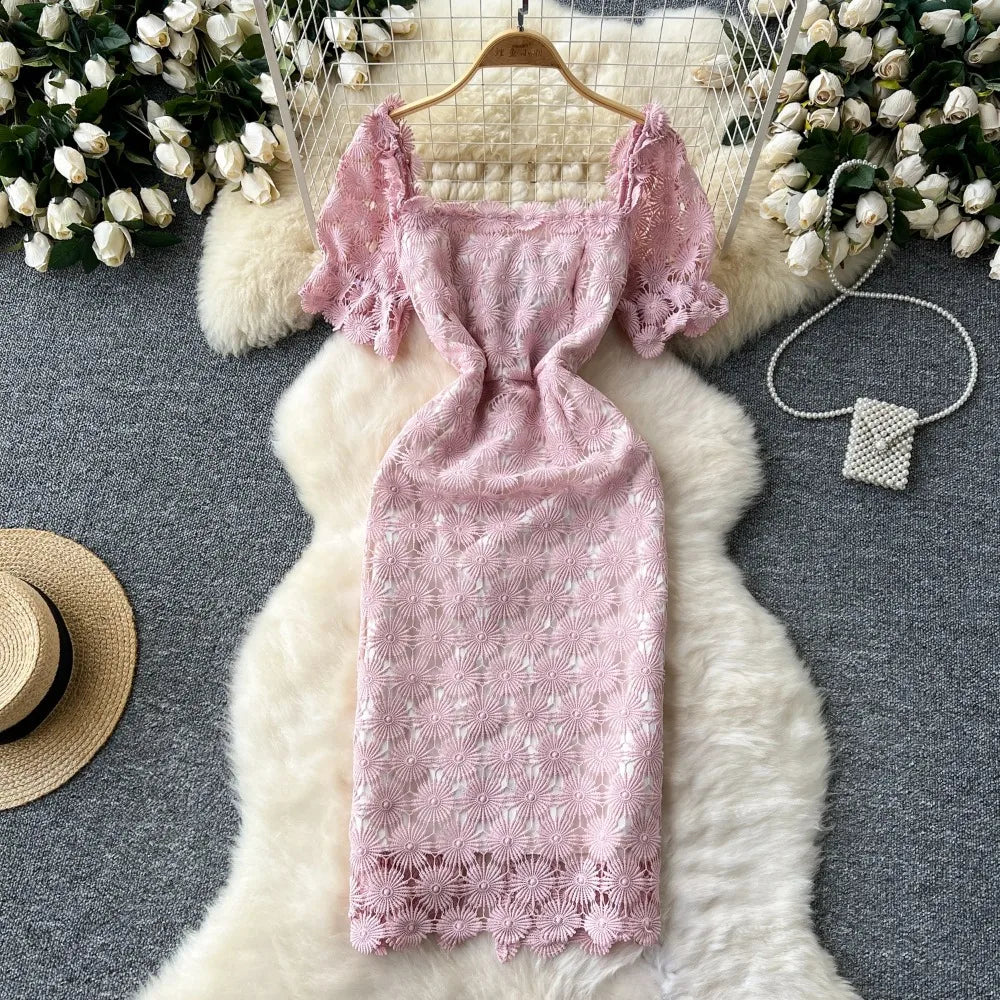 Vintage Lace Pastel Pink Floral Midi Dress on Luulla