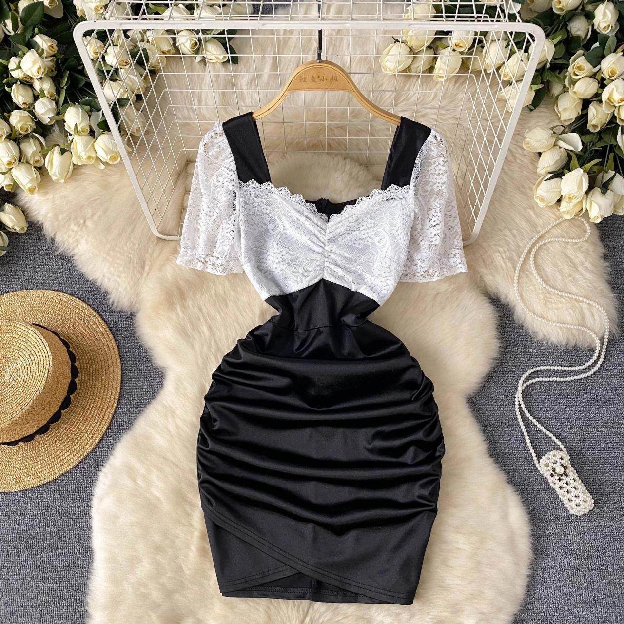 Lace Satin Bodycon Dress With Short Sleeves on Luulla