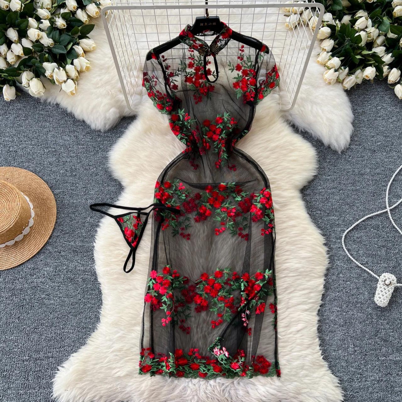 open lace back dress Leona Floral Mesh High Slit Column Dress main image 1