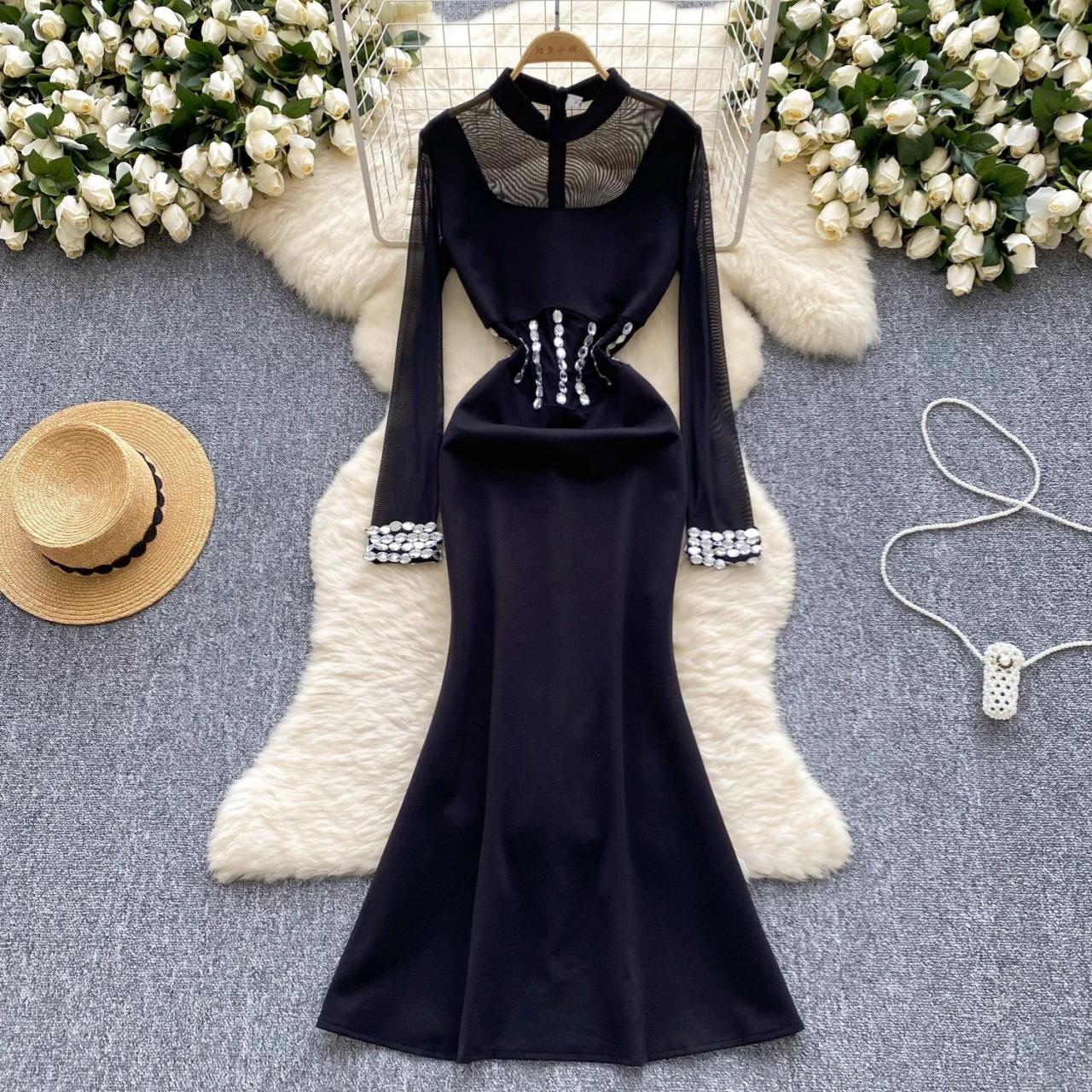 black dress with pearls long sleeve Long Sleeve Crystal Pearl Sequin Maxi Dress Black