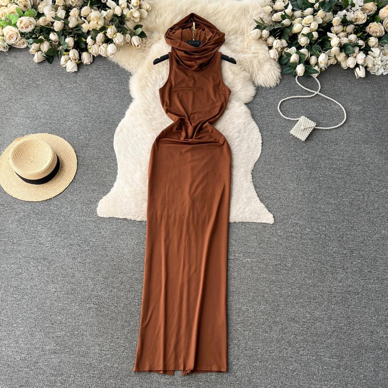 Sleeveless Brown Maxi Dress With Draped