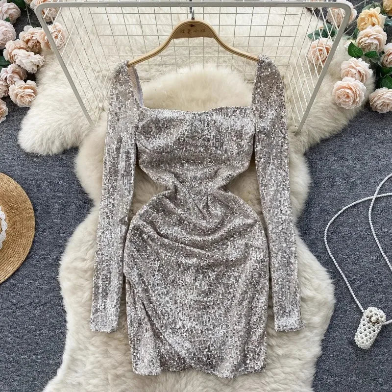 Sparkling Long-sleeve Silver Sequin Party Dress
