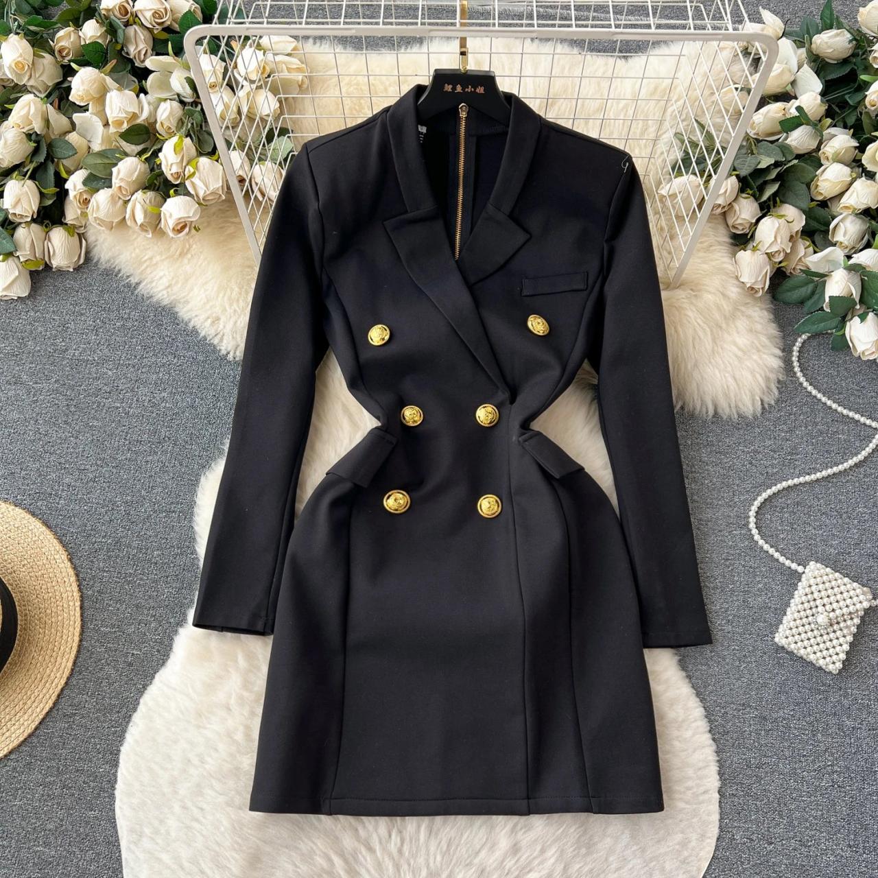 Double-breasted Black Blazer Dress With Buttons