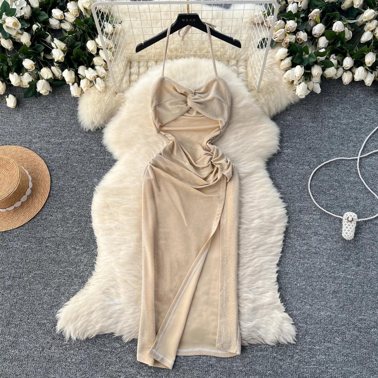 gold birthday dress long Gold Sequins Prom Dress Sexy high Neck Mermaid Long Party Evening Gown –  Siaoryne main image 1
