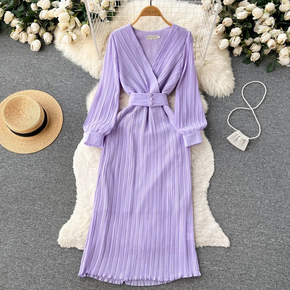 Lavender Pleated Long Sleeve Belted Maxi Dress on Luulla
