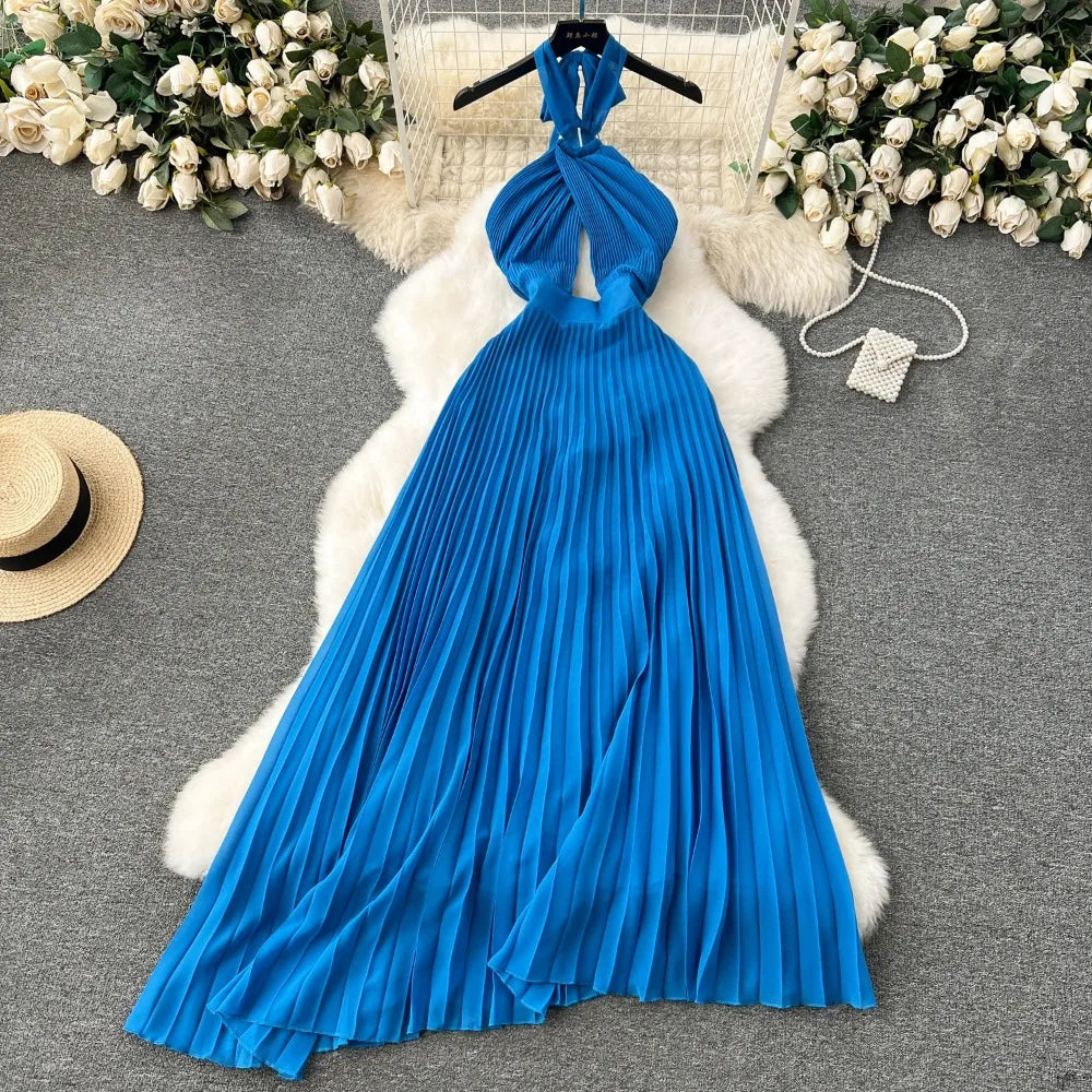 strapless open back dress BLUE PLEATED HALTER GOWN