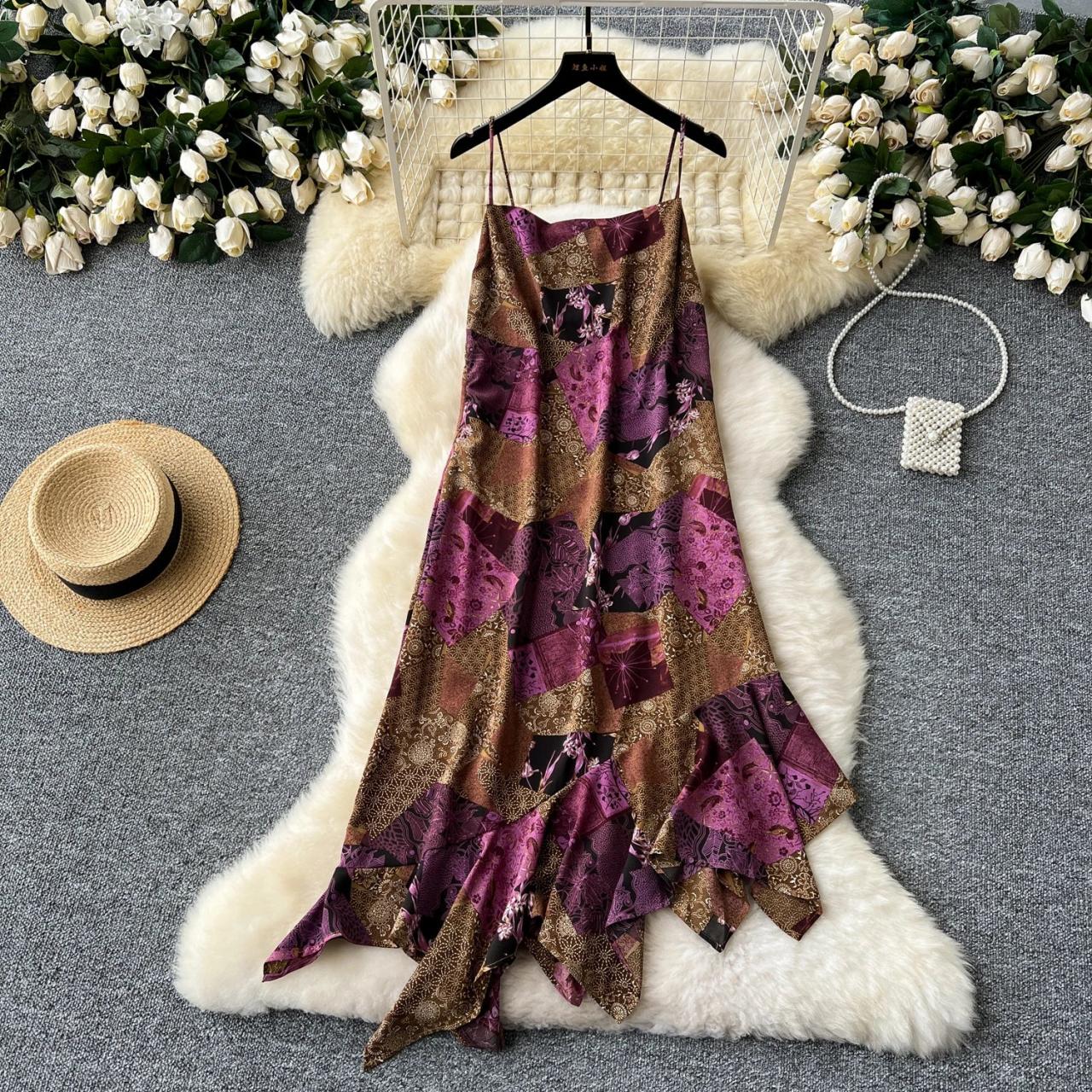 Floral Patchwork Asymmetrical Dress, Spaghetti Straps Design on Luulla