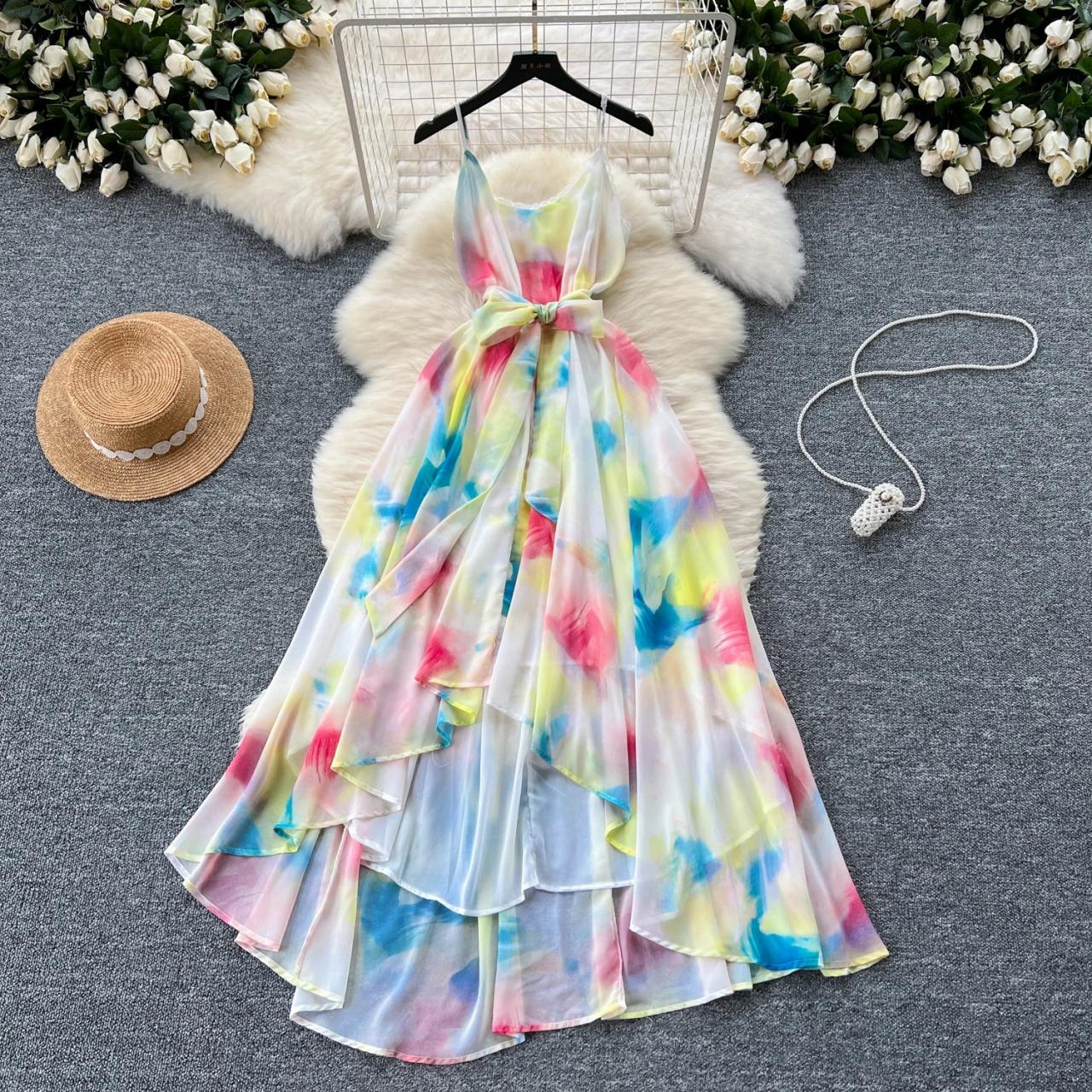 Vibrant Chiffon Layered Maxi Dress With Bow on Luulla