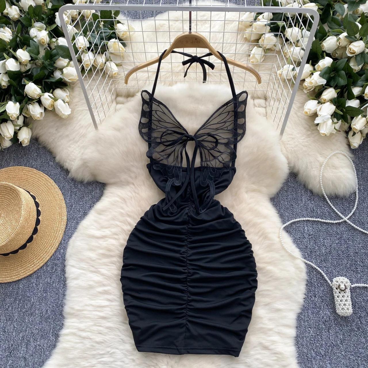 Black Butterfly Halter Dress With Ruching Detail on Luulla