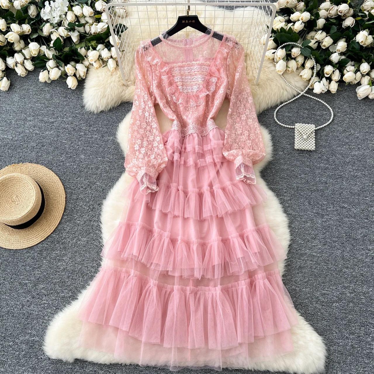 chinese dress ladies Pearl Pink Tiered Lace Wedding Dress with Long Sleeves Monaco Size 8 / Pink main image 0