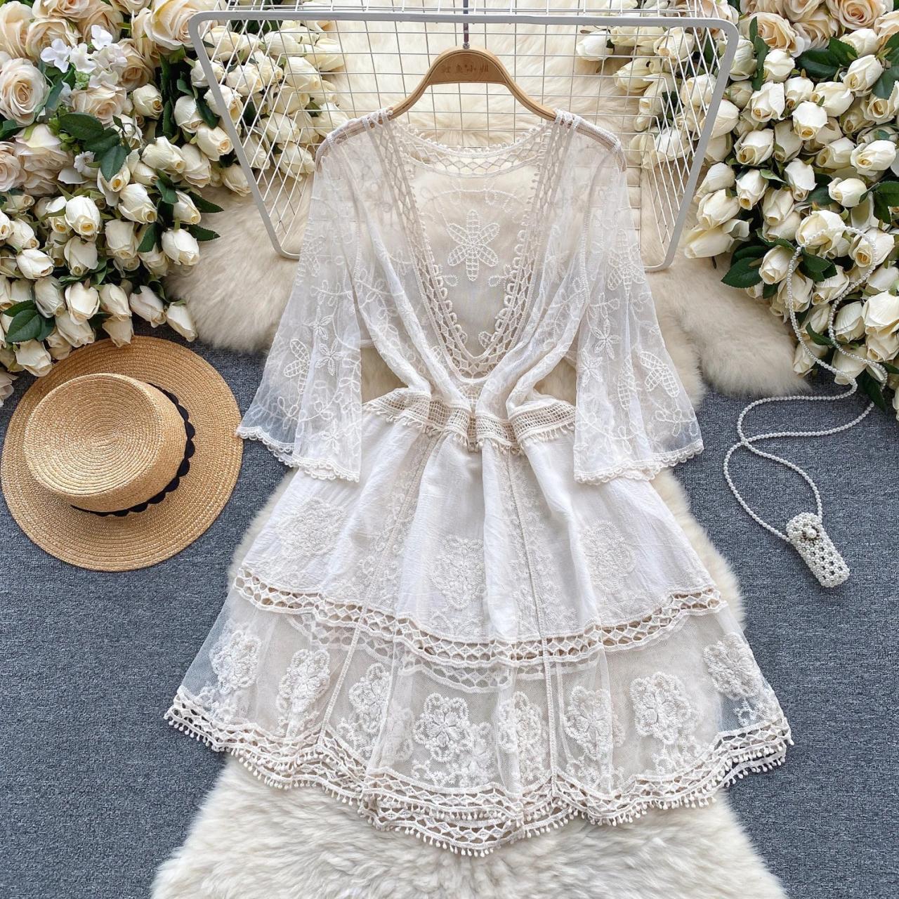 Lace Bohemian V-neck White Summer Beach Dress