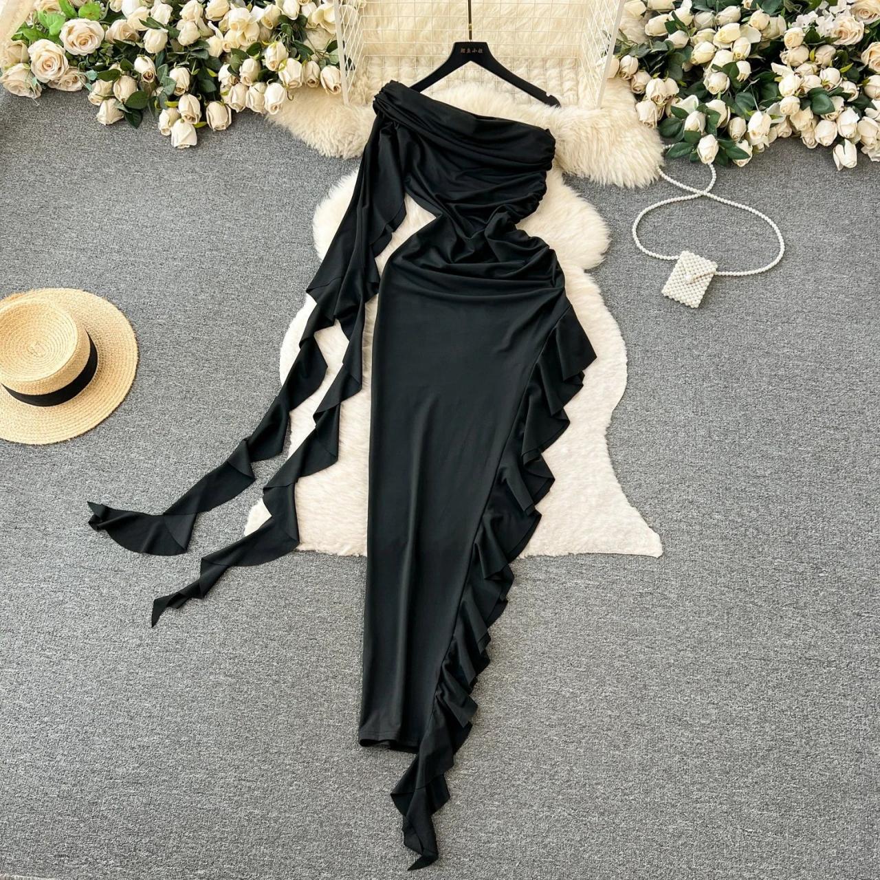 Black Maxi Dress With Ruffled Asymmetric Hem