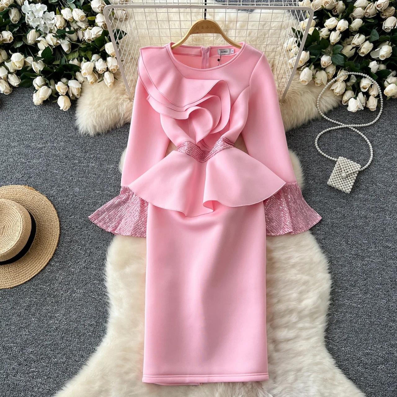 Pink Ruffled Peplum Dress With Lace Sleeves