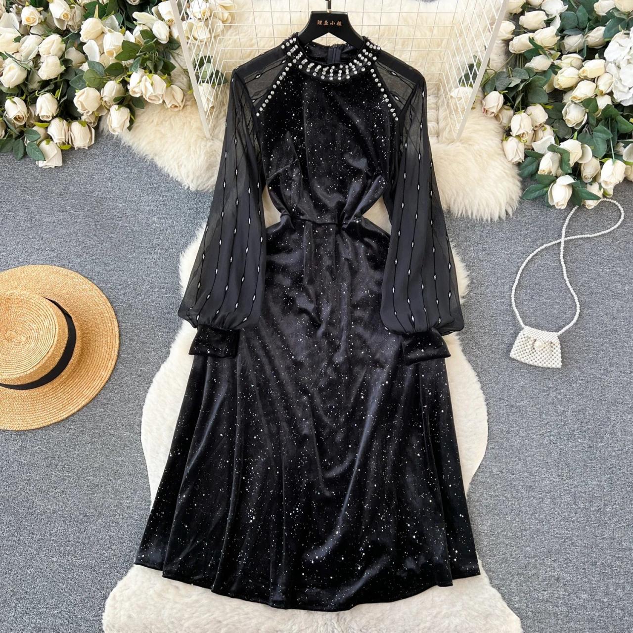Black Velvet Midi Dress With Sheer Sleeves on Luulla