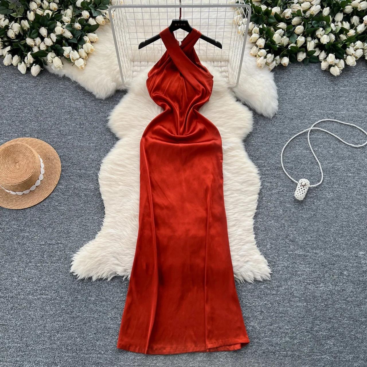 Luxurious Red Satin Halter Neck Evening Dress