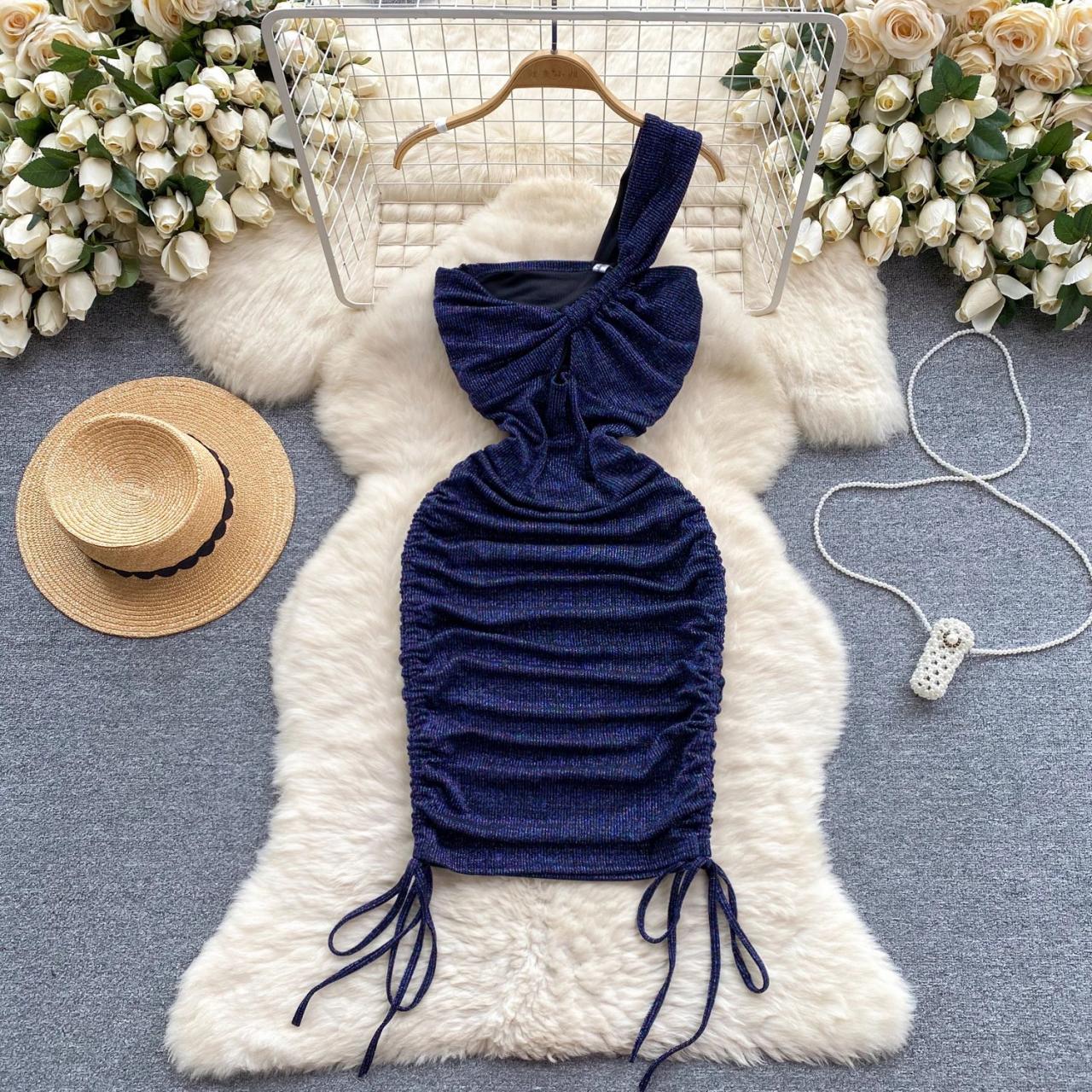 One-shoulder Ruched Bodycon Dress With Drawstring