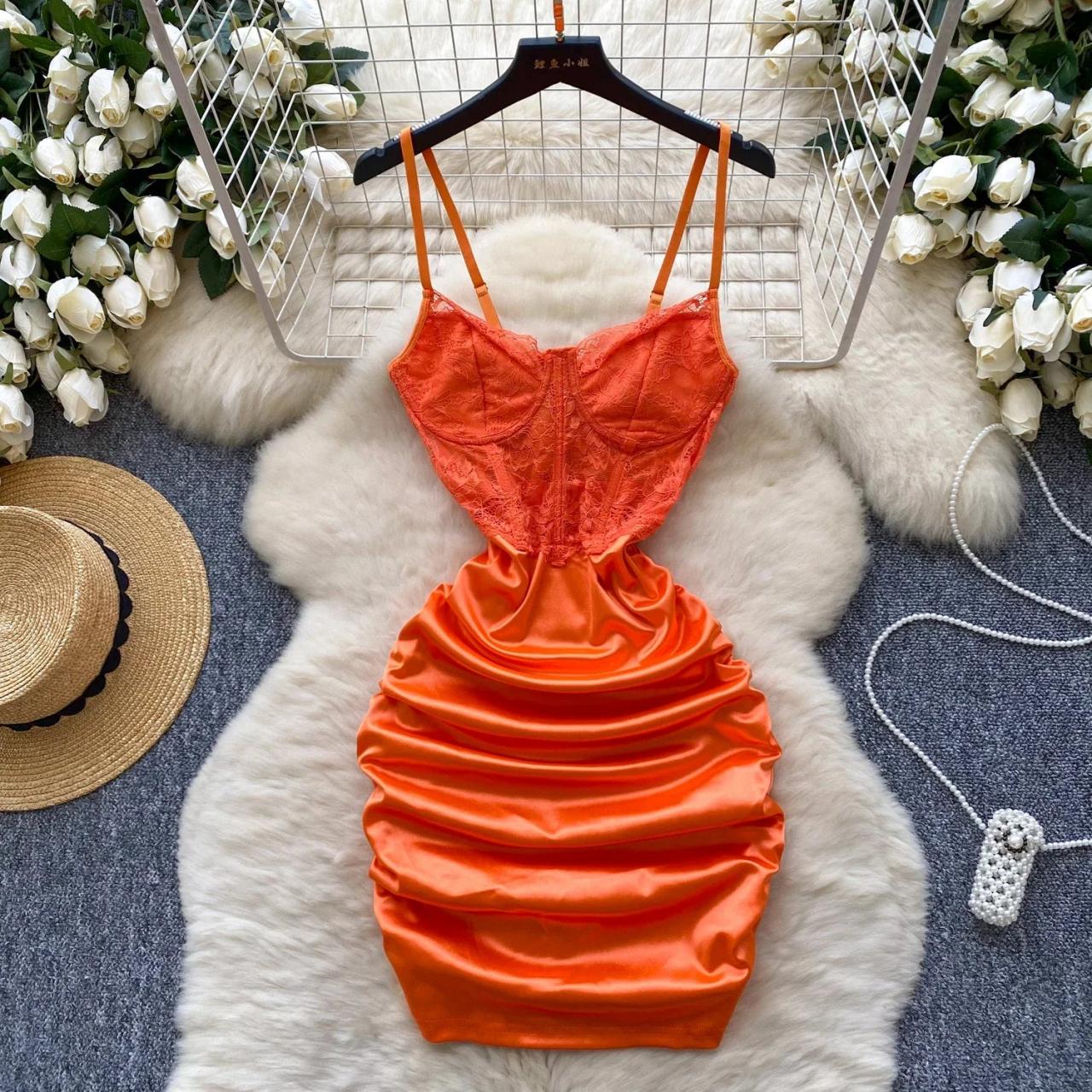 Satin Ruched Mini Dress With Lace