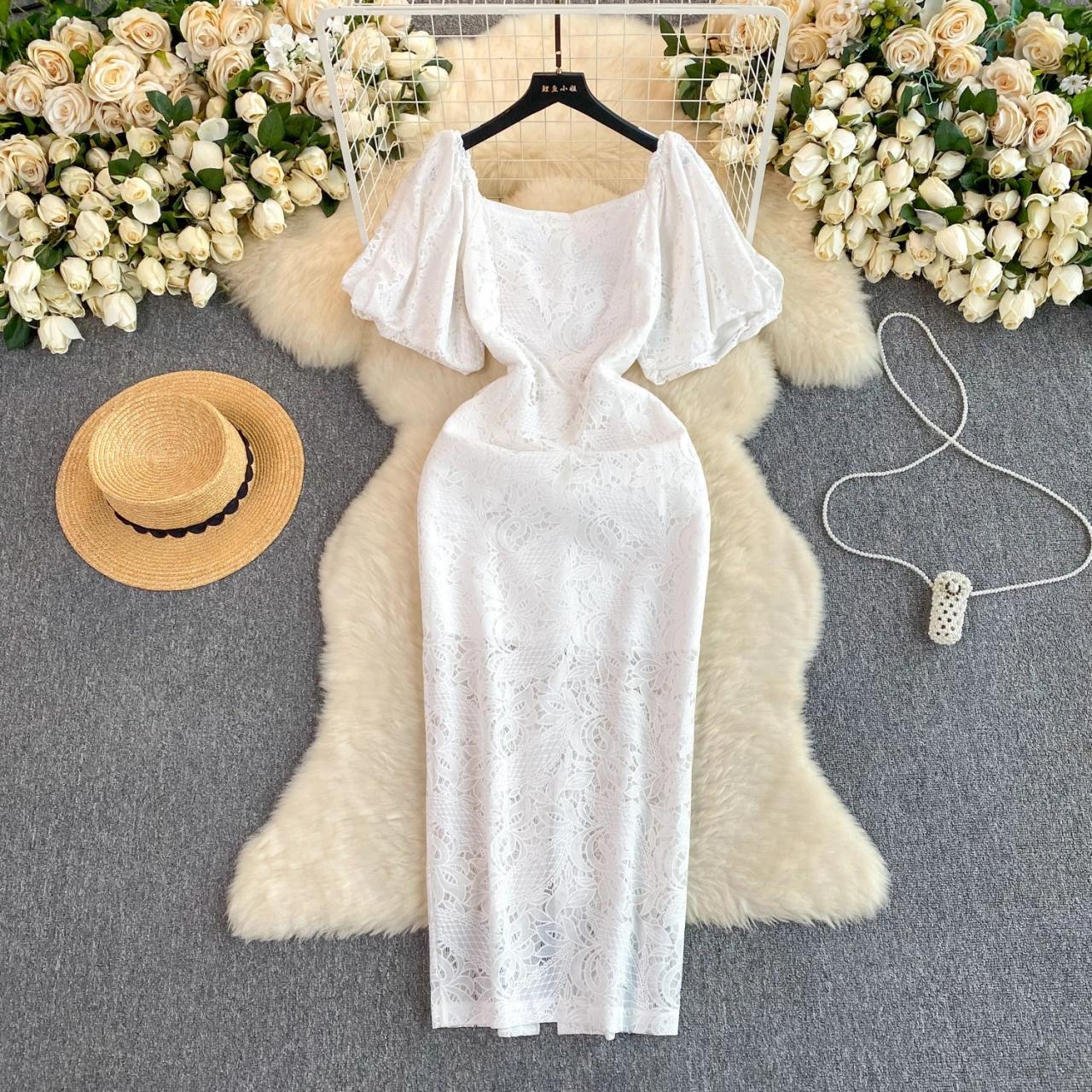 White Lace Off-shoulder Maxi Dress With Sleeves on Luulla