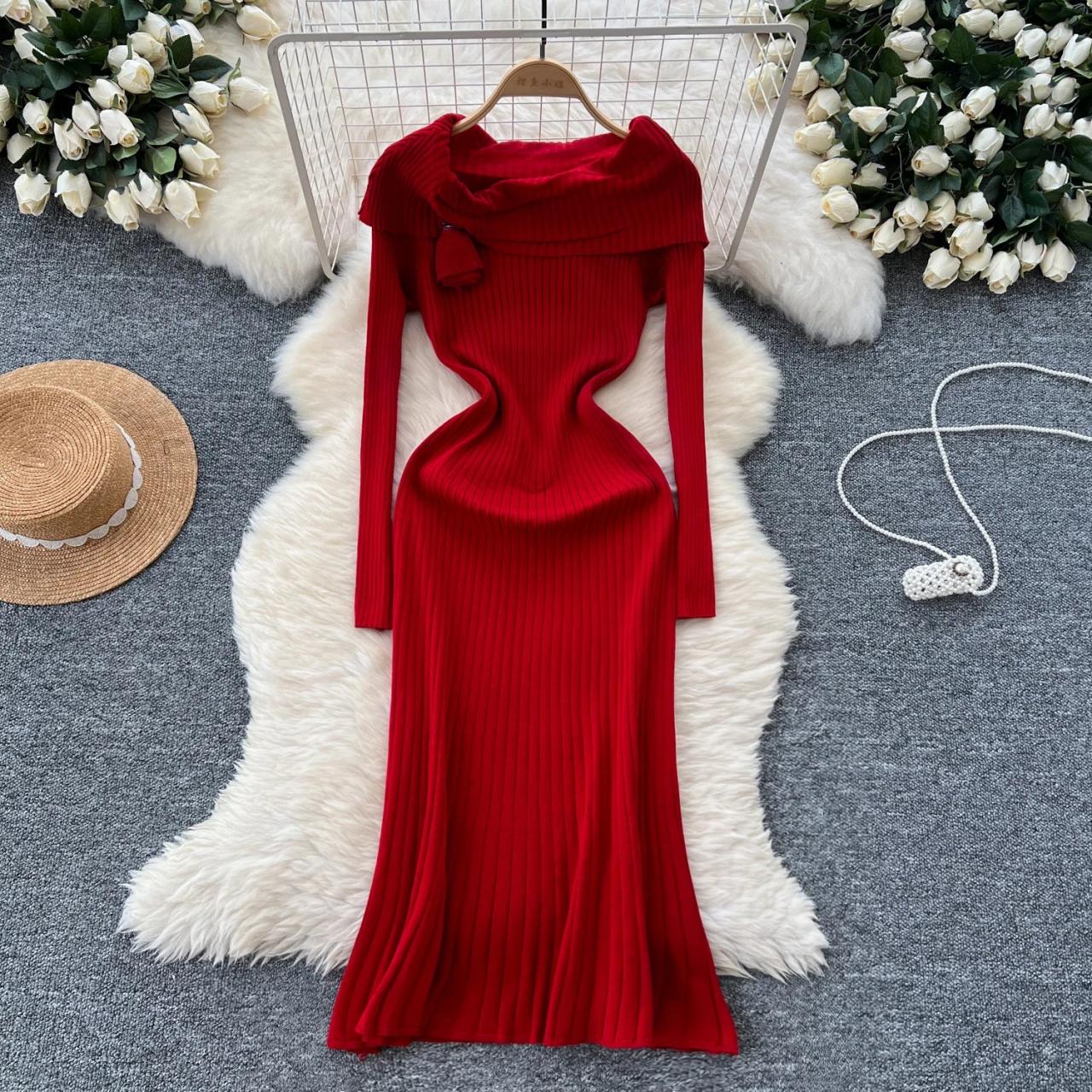 fitted lace wedding dress Off Shoulder Ribbed Long Sleeve Knit Long Dress main image 0