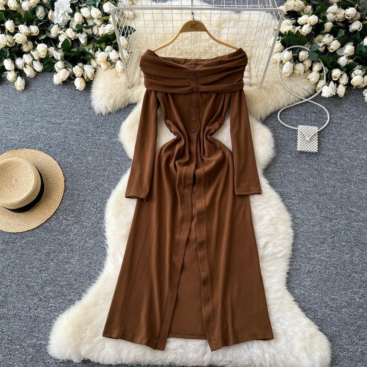 Off-shoulder Brown Maxi Dress With Long Sleeves