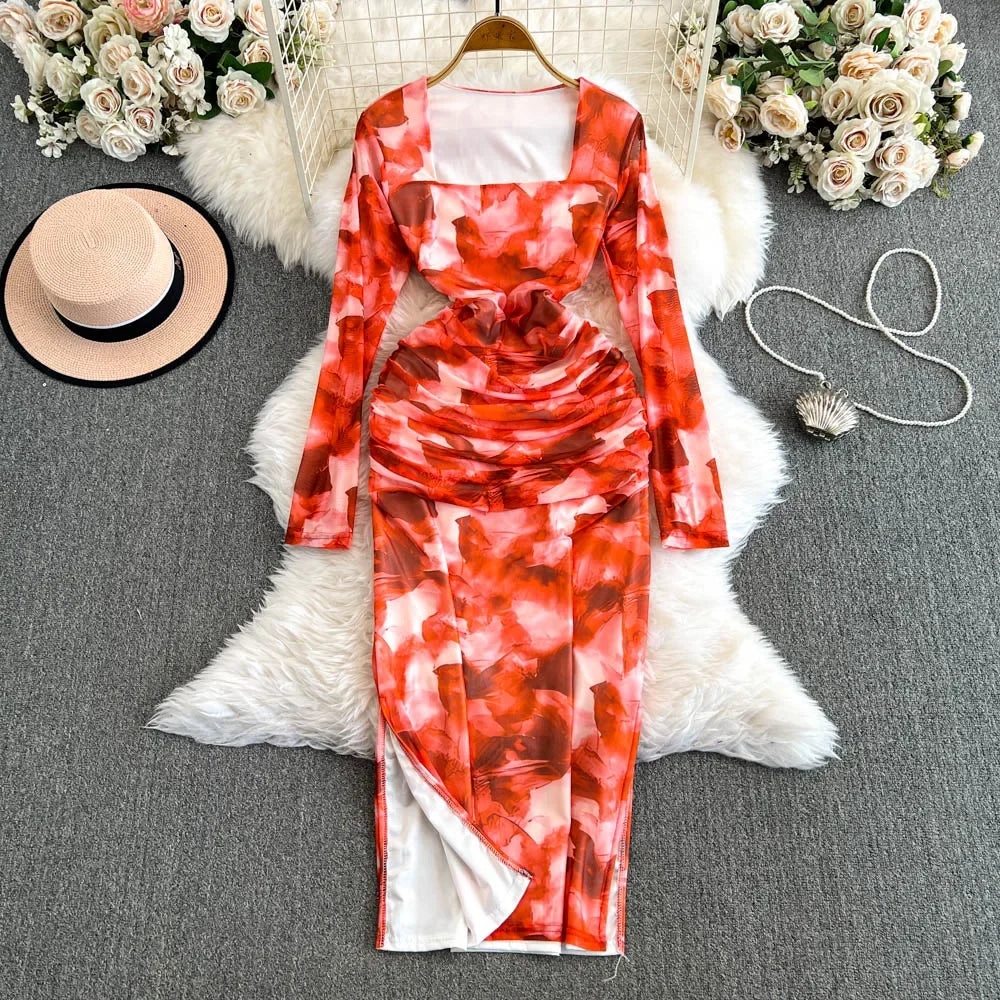 Floral Long-sleeve Ruched Bodycon Dress Outfit