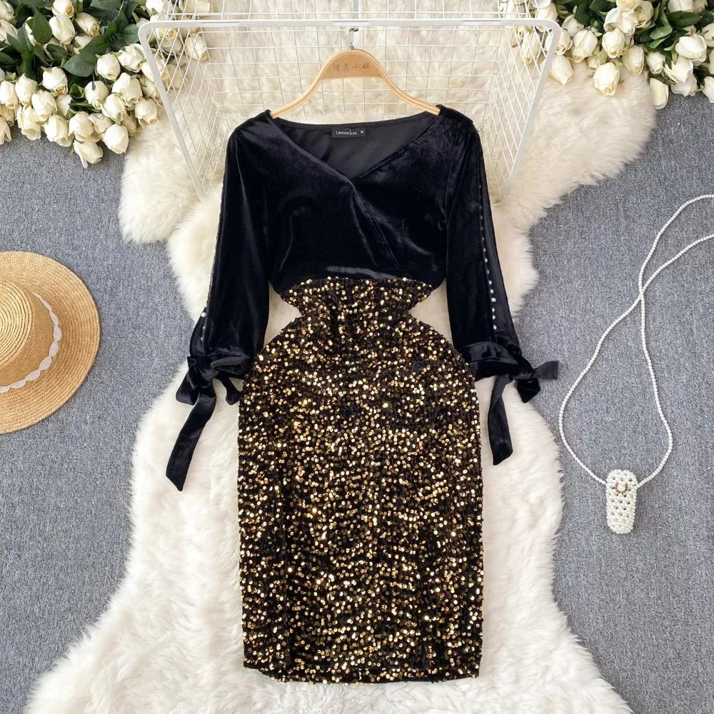 Velvet Wrap Top Sequin Skirt Party Dress on Luulla