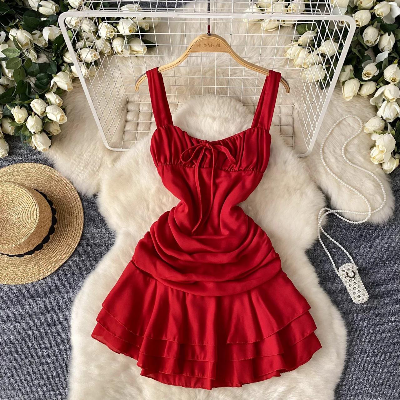 Red Sleeveless Dress With Layered Ruffle Skirt