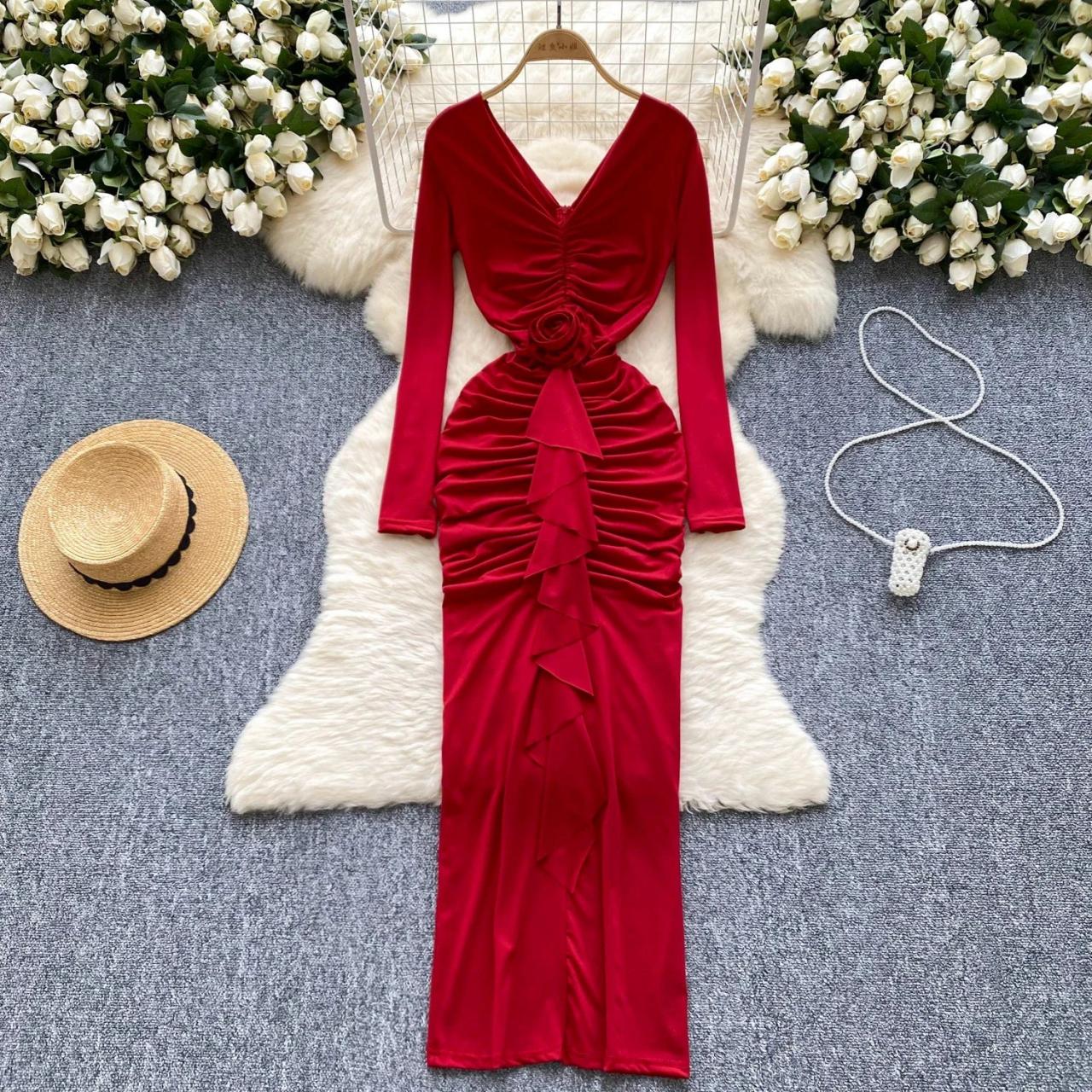 acler larimer long-sleeve v-neck pleated maxi dress Berylove Women Light Green V Neck Pleated Maxi Dress A Line Long Sleeve Floral Wedding Guest Dress with Slit, Light Green / S