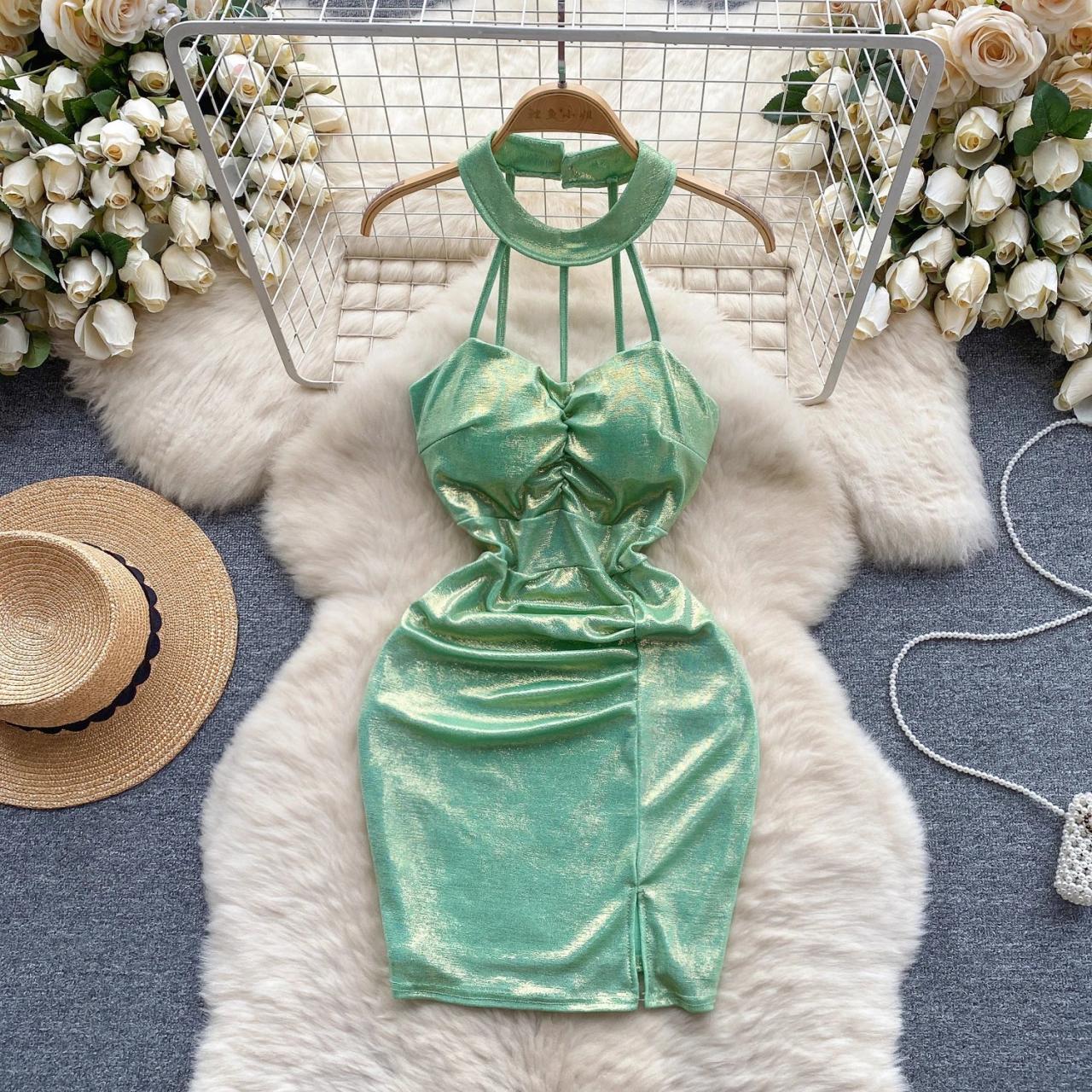 Sparkling Green Halter Bodycon Dress With Straps on Luulla