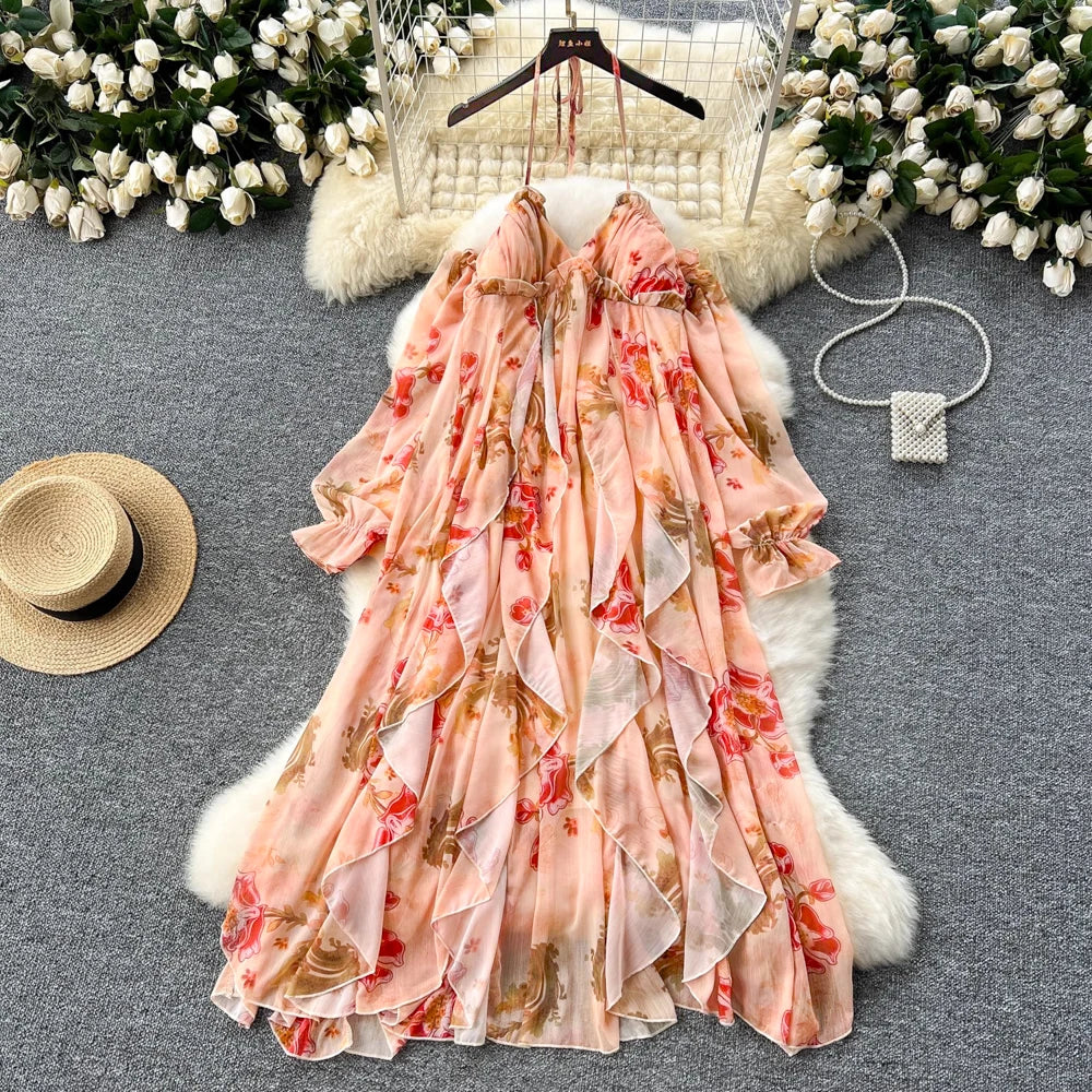 white christmas dresses Floral Printed Chiffon Ruffle Maxi - Blue main image 1