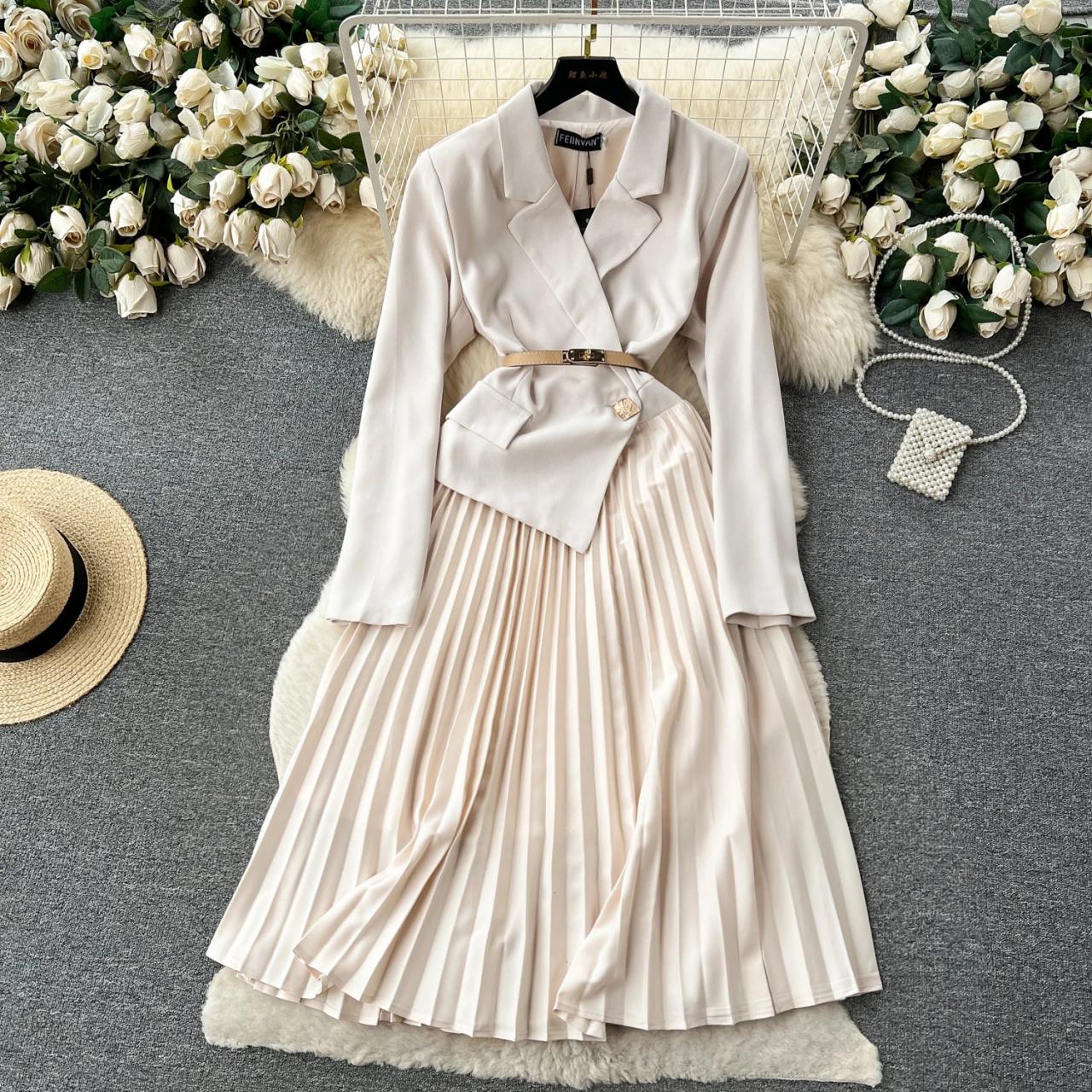 elegant tailored blazer midi dress Elegant Pleated Midi Dress Women – Blazer Style Long Sleeve Dress – Maison  Lunescimento main image 0