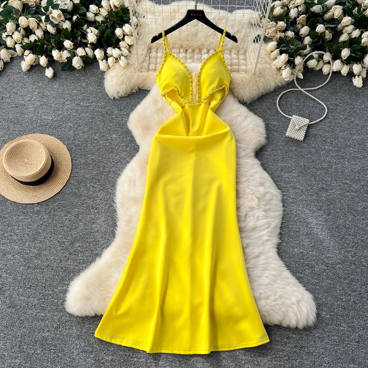Vibrant Yellow Satin Dress With Spaghetti Straps on Luulla