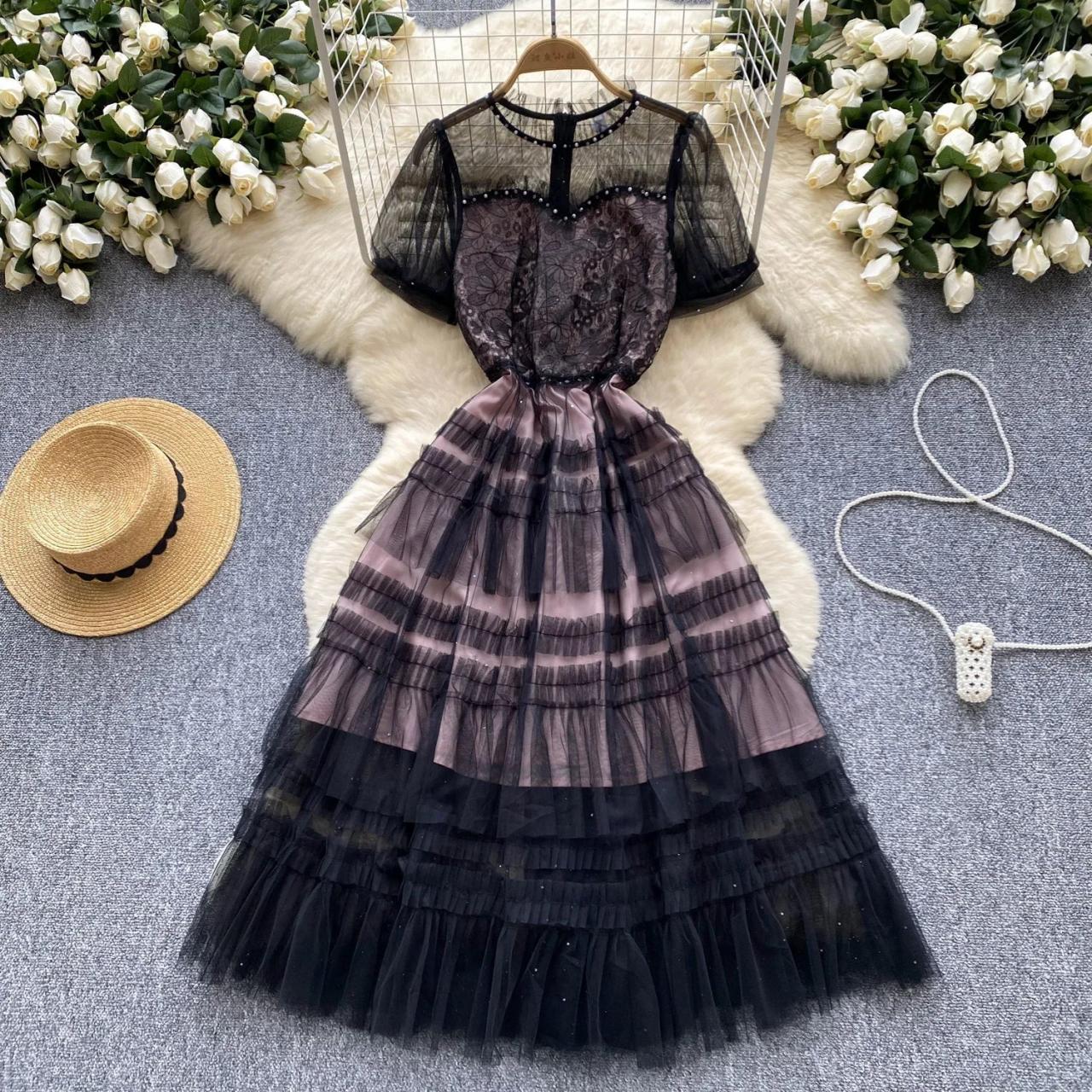 Lace Mesh Black Layered Dress With Beading on Luulla