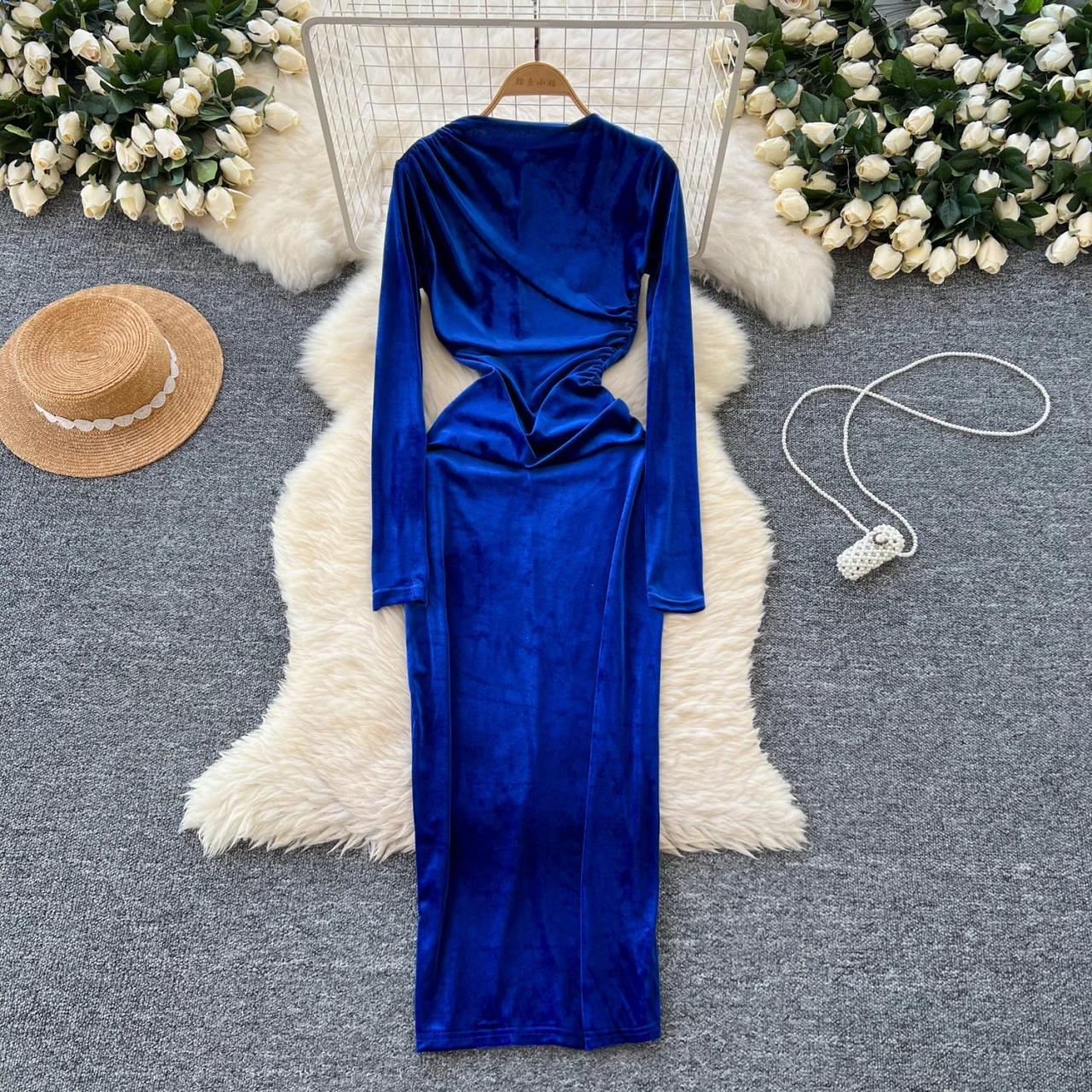 white christmas dresses Valentines Dress Black Evening Formal Party V Neck Long Sleeve High Slit Bodycon Prom Party Velvet Maxi Dress(Black/L)