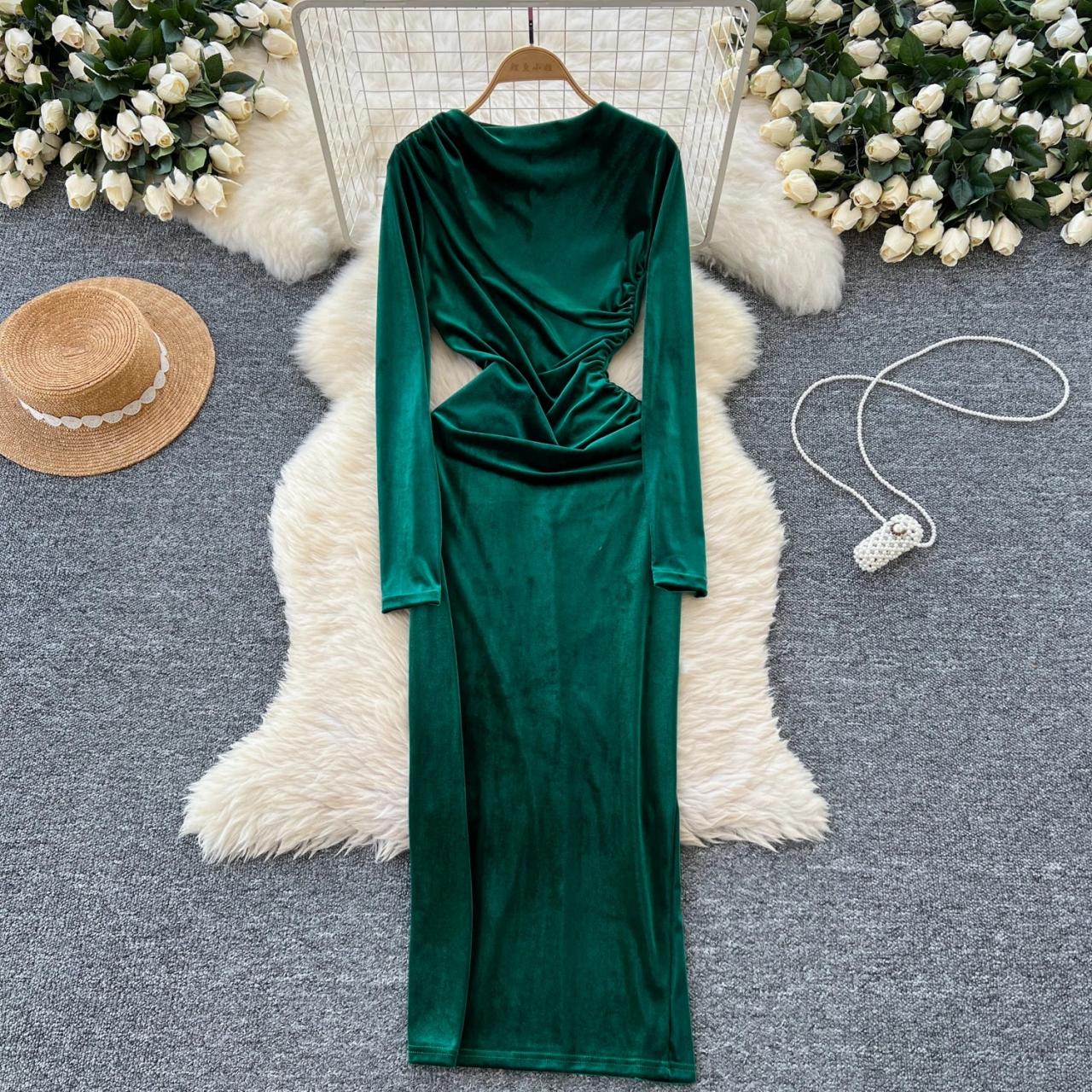 Velvet Long Sleeve Dress With Unique Design on Luulla