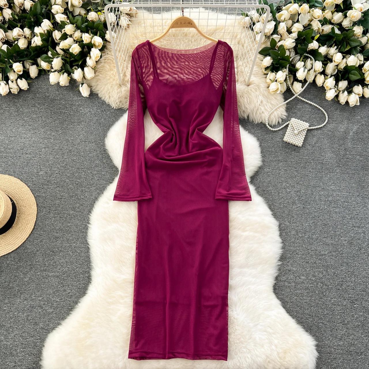 Burgundy Mesh Long Sleeve Bodycon Maxi Dress on Luulla