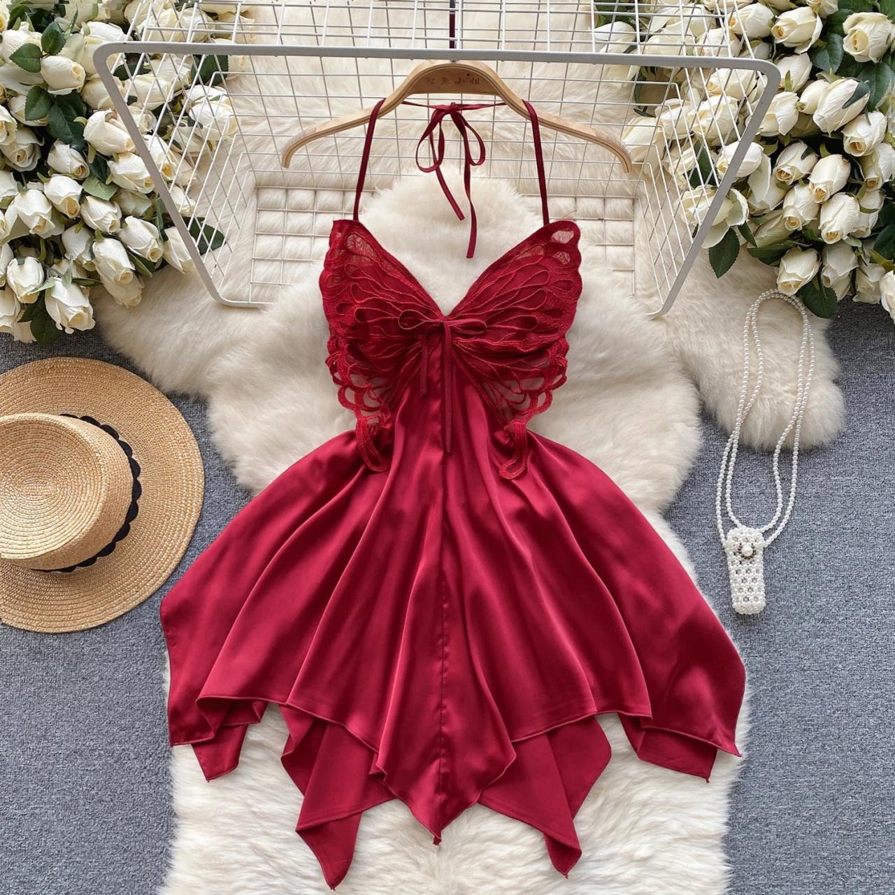Red satin halter dress outlet