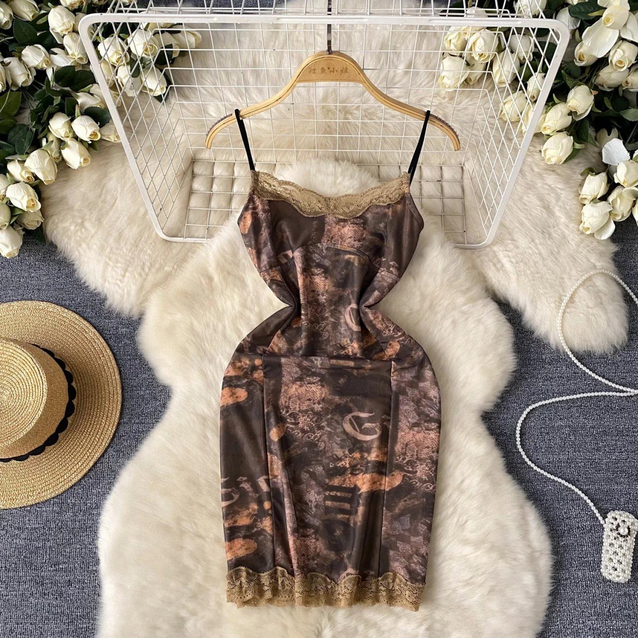 Camouflage Lace Trim Satin Slip Dress