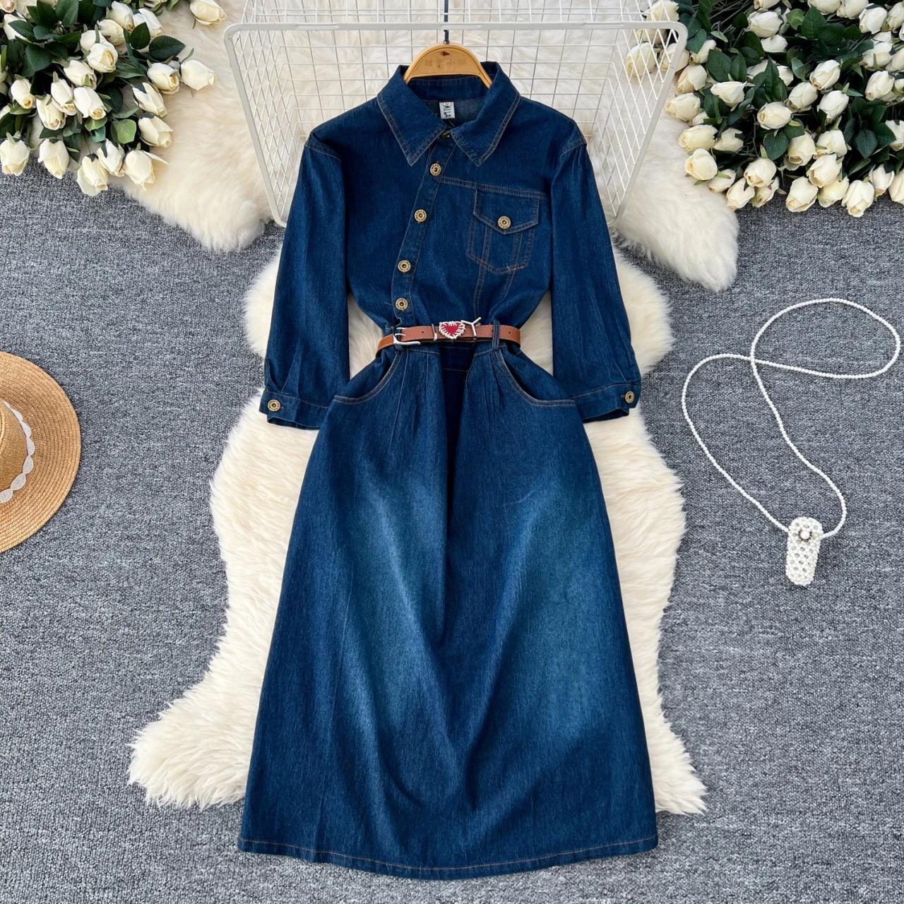 Denim Long Sleeve Button-up Belted Midi Dress on Luulla