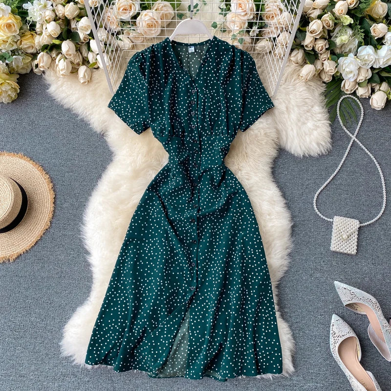 Polka Dot Green Summer Flowy Midi Dress on Luulla