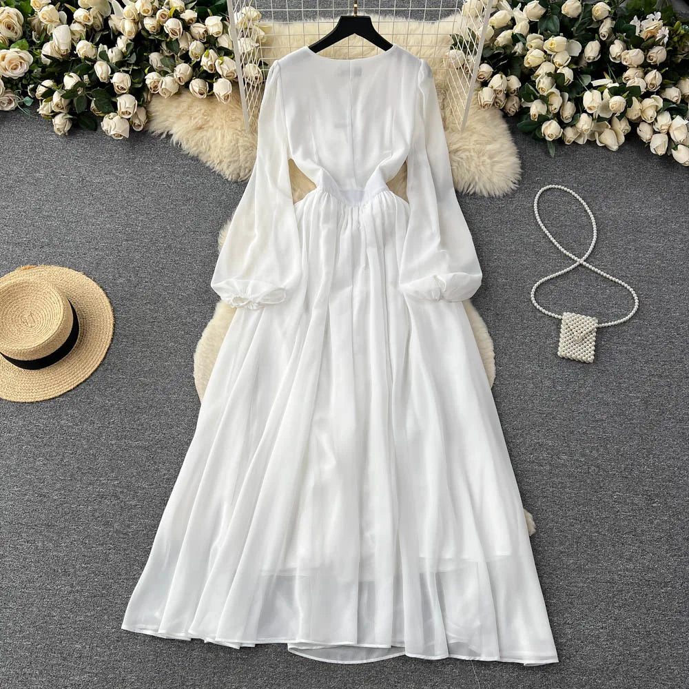 Chiffon Long Sleeve White Cutout Maxi Dress