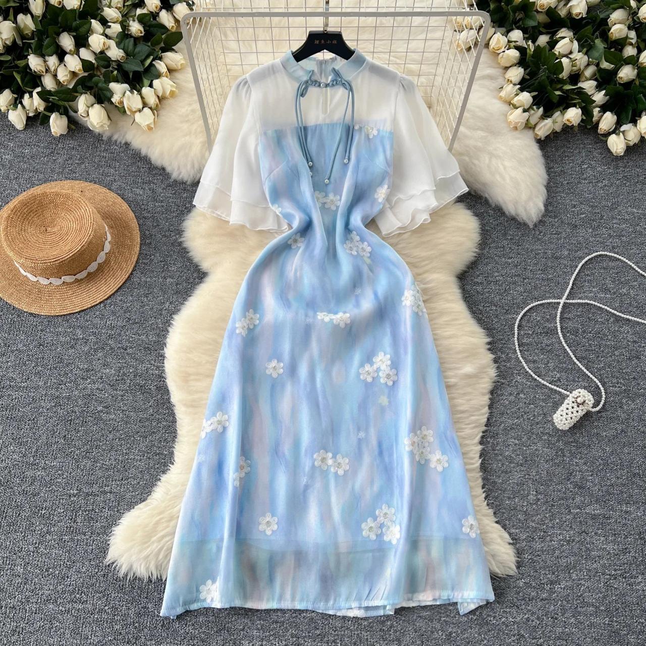 Chiffon Floral Print Dress With Sheer Sleeves on Luulla